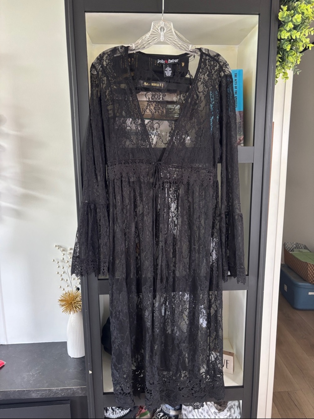 Polly & Esther Black Lace Sheer Long Cardigan